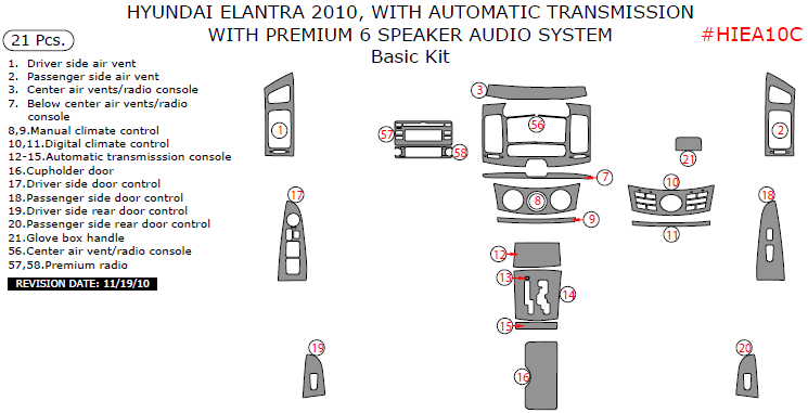 Hyundai Elantra 2010, Sedan, With Automatic Transmission, With Premium 6 Speaker Audio System, Basic Interior Kit, 21 Pcs. dash trim kits options