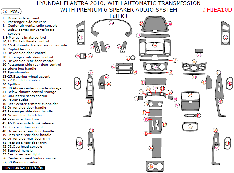 Hyundai Elantra 2010, Sedan, With Automatic Transmission, With Premium 6 Speaker Audio System, Full Interior Kit, 55 Pcs. dash trim kits options