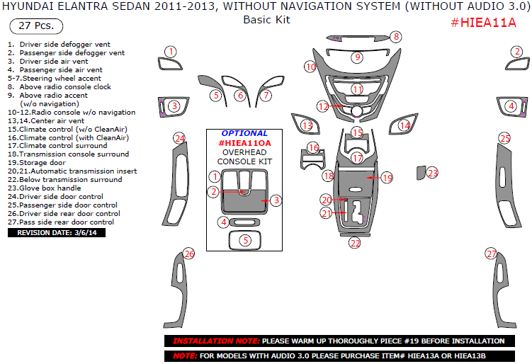 Hyundai Elantra 2011, 2012, 2013, Sedan, Without Navigation System (Without Audio 3.0), Basic Interior Kit, 27 Pcs. dash trim kits options