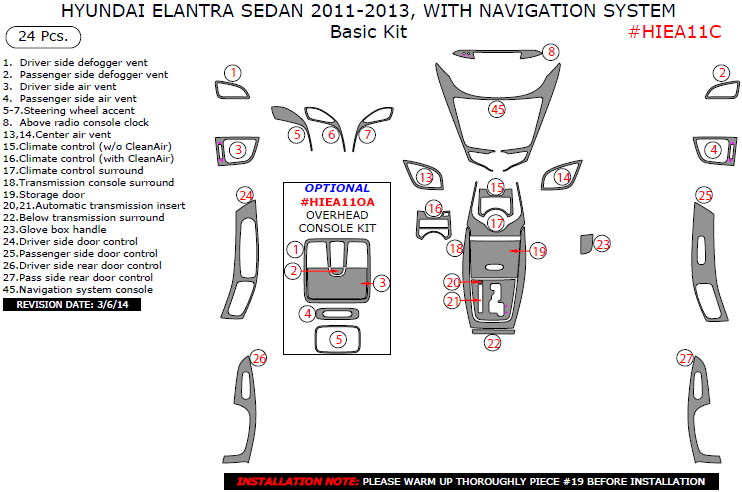 Hyundai Elantra 2011, 2012, 2013, Sedan, With Navigation System, Basic Interior Kit, 24 Pcs. dash trim kits options