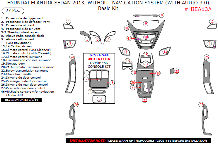 Hyundai Elantra Sedan 2013, Without Navigation System (With Audio 3.0), Basic Interior Kit, 27 Pcs. dash trim kits options