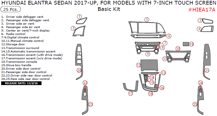Hyundai Elantra Sedan 2017-2018, For Models With 7-Inch Touch Screen, Basic Interior Kit, 25 Pcs. dash trim kits options