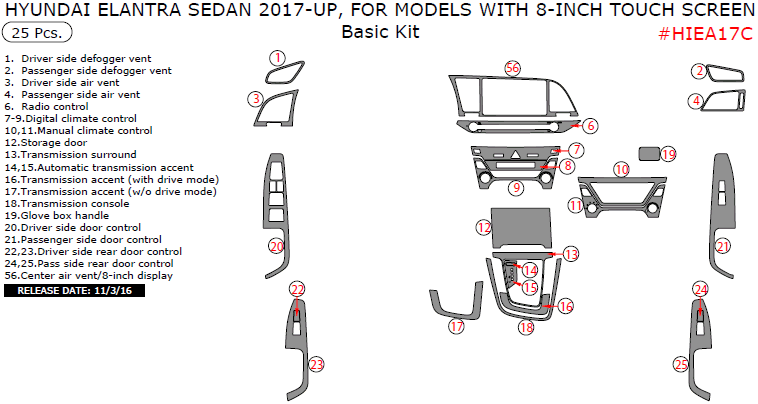 Hyundai Elantra Sedan 2017-2018, For Models With 8-Inch Touch Screen, Basic Interior Kit, 25 Pcs. dash trim kits options