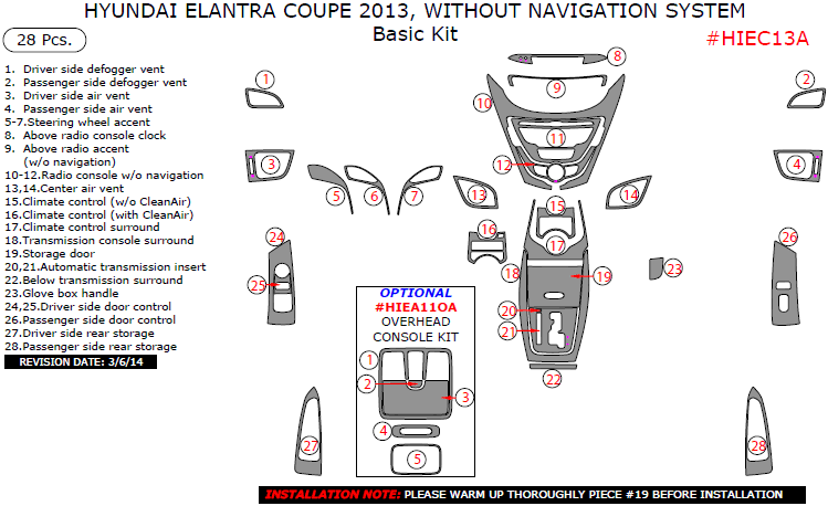 Hyundai Elantra 2013, Coupe, Without Navigation System, Basic Interior Kit, 28 Pcs. dash trim kits options