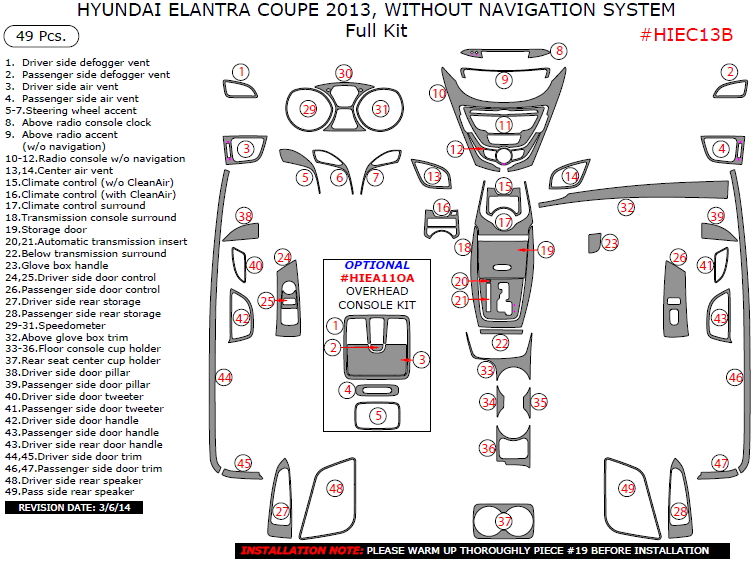 Hyundai Elantra 2013, Coupe, Without Navigation System, Full Interior Kit, 49 Pcs. dash trim kits options