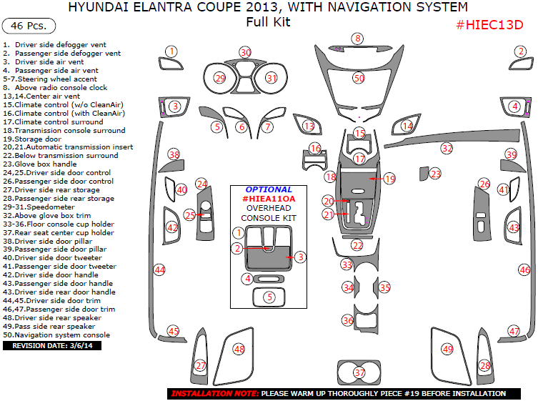 Hyundai Elantra 2013, Coupe, With Navigation System, Full Interior Kit, 46 Pcs. dash trim kits options