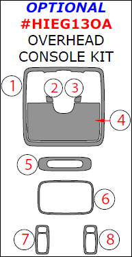 Hyundai Elantra GT 2013, 2014, 2015, 2016, 2017, Optional Overhead Console Interior Kit, 8 Pcs. dash trim kits options