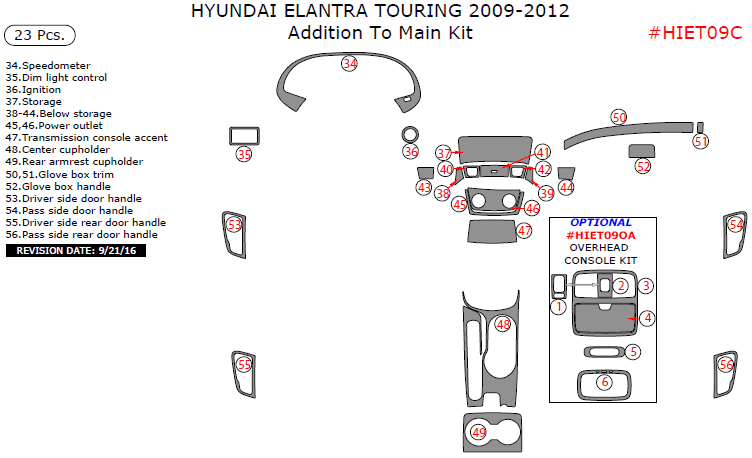 Hyundai Elantra Touring 2009, 2010, 2011, 2012, Addition To Main Interior Kit, 23 Pcs. dash trim kits options