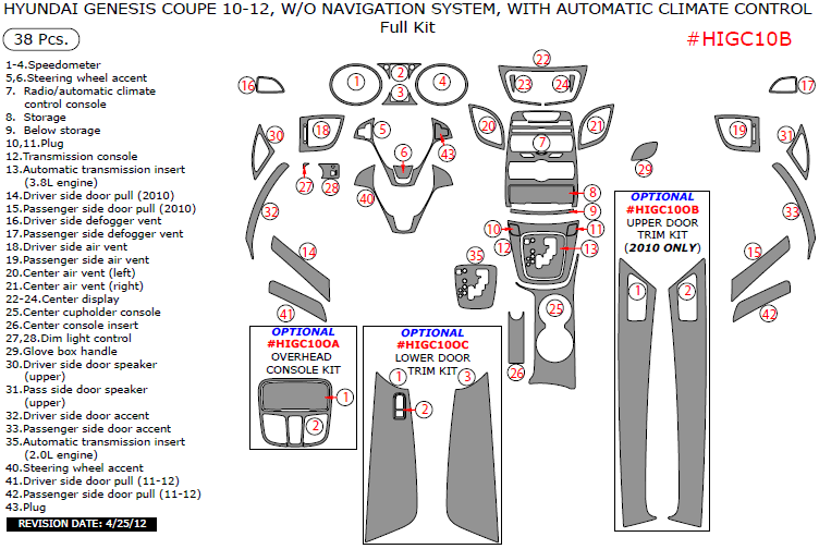 Hyundai Genesis 2010, 2011, 2012, Coupe, W/o Navigation System, With Automatic Climate Control, Full Interior Kit, 38 Pcs. dash trim kits options
