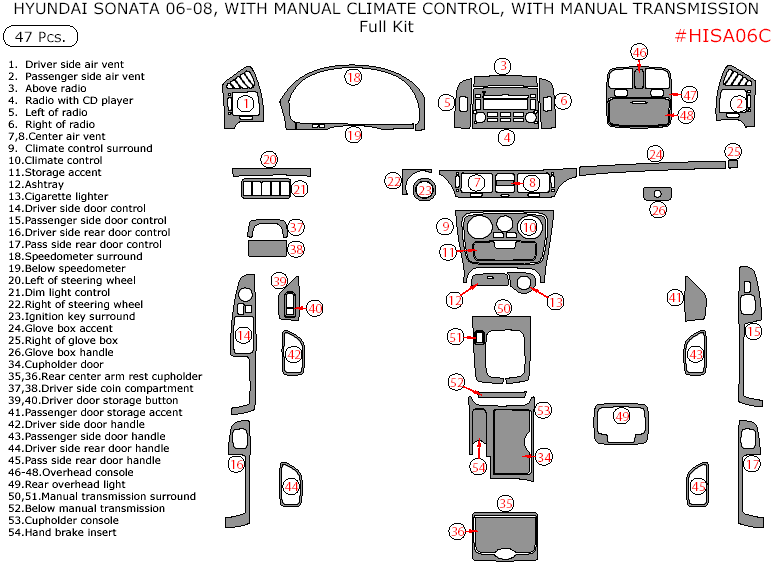 Hyundai Sonata 2006, 2007, 2008, With Manual Climate Control, With Manual Transmission, Full Interior Kit, 47 Pcs. dash trim kits options