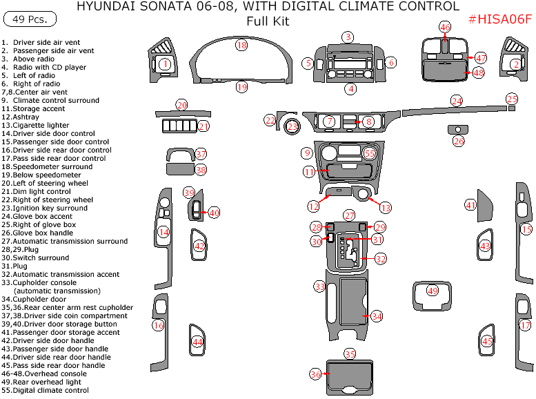 Hyundai Sonata 2006, 2007, 2008, With Digital Climate Control, Full Interior Kit, 49 Pcs. dash trim kits options