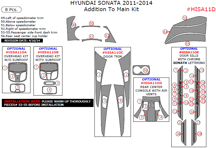 Hyundai Sonata 2011, 2012, 2013, 2014, Addition To Main Interior Kit, 8 Pcs. dash trim kits options