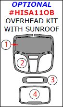 Hyundai Sonata 2011, 2012, 2013, Optional Overhead Console Interior Kit With Sunroof, 4 Pcs. dash trim kits options