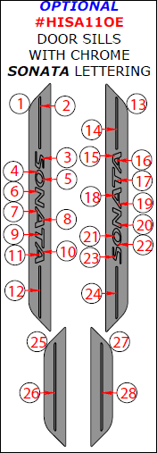 Hyundai Sonata 2011, 2012, 2013, 2014, Interior Dash Kit, Optional Door Sills With Chrome 'Sonata' Lettering, 28 Pcs. dash trim kits options