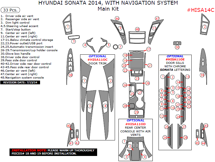 Hyundai Sonata 2014, With 8 Inch Navigation System, Main Interior Kit, 33 Pcs. dash trim kits options