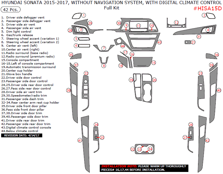 Hyundai Sonata 2015, 2016, 2017, Without Navigation System, With Digital Climate Control, Full Interior Kit, 42 Pcs. dash trim kits options