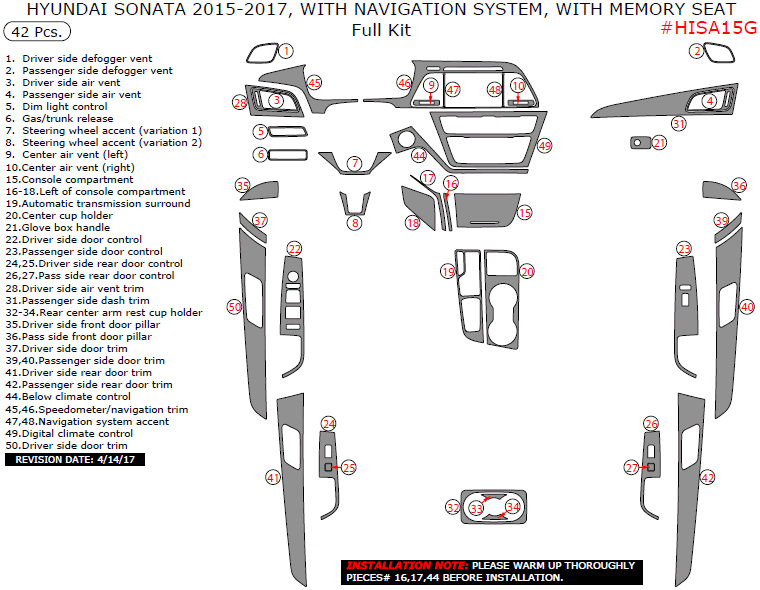 Hyundai Sonata 2015, 2016, 2017, With Navigation System, With Memory Seat, Full Interior Kit, 42 Pcs. dash trim kits options