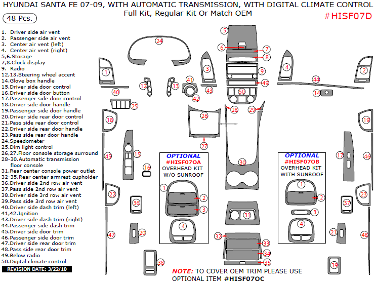 Hyundai Santa Fe 2007, 2008, 2009, With Automatic Transmission, With Digital Climate Control, Full Interior Kit, 48 Pcs. dash trim kits options