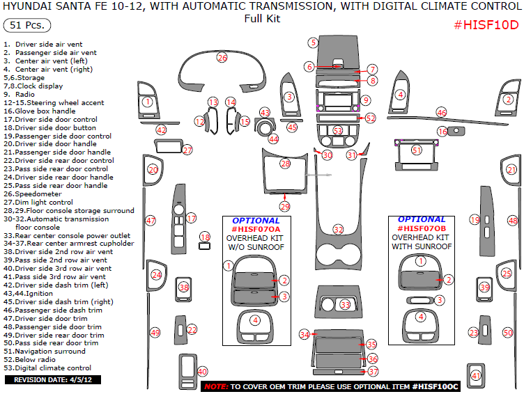 Hyundai Santa Fe 2010, 2011, 2012, With Automatic Transmission, With Digital Climate Control, Full Interior Kit, 51 Pcs. dash trim kits options