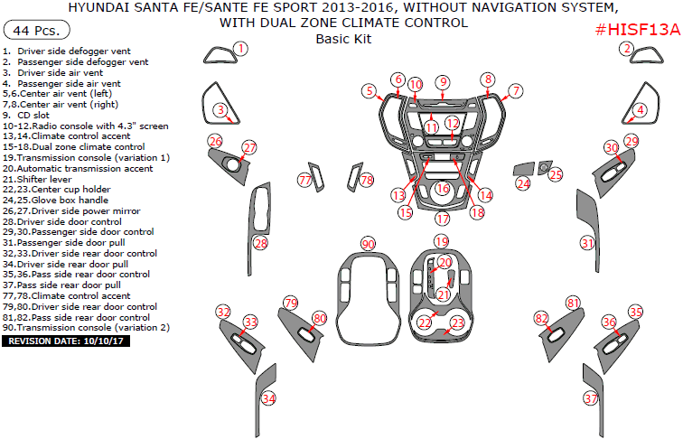 Hyundai Santa Fe/Santa Fe Sport 2013, 2014, 2015, 2016, Without Navigation System, With Dual Zone Climate Control, Basic Interior Kit, 44 Pcs. dash trim kits options
