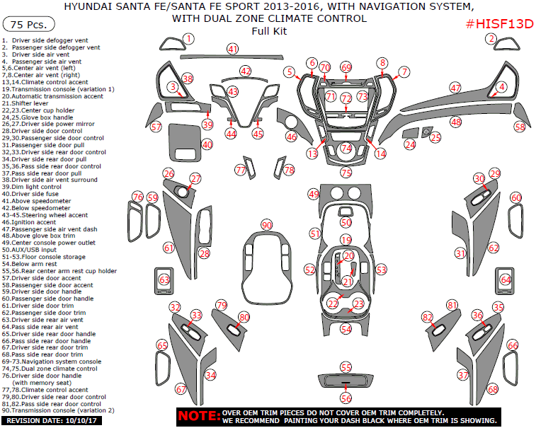 Hyundai Santa Fe/Santa Fe Sport 2013, 2014, 2015, 2016, With Navigation System, With Dual Zone Climate Control, Full Interior Kit, 75 Pcs. dash trim kits options