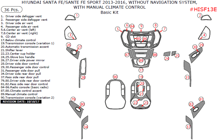 Hyundai Santa Fe/Santa Fe Sport 2013, 2014, 2015, 2016, Without Navigation System, With Manual Climate Control, Basic Interior Kit, 36 Pcs. dash trim kits options