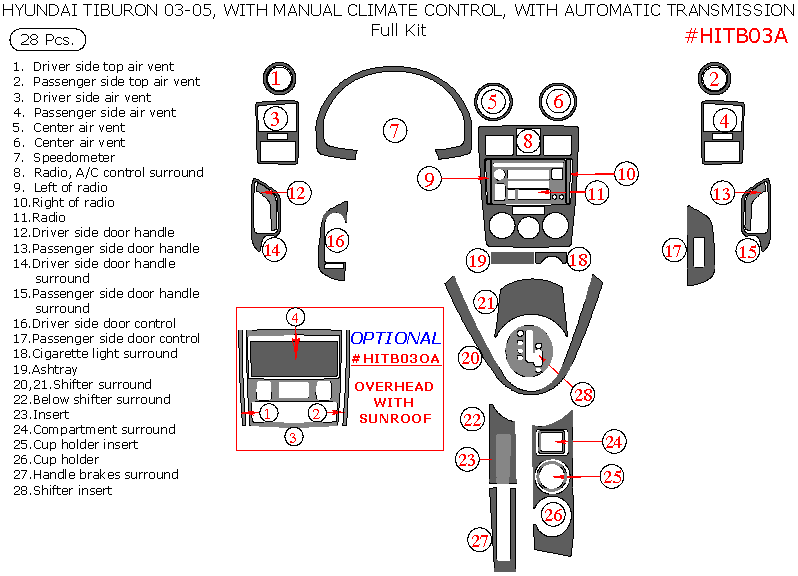 Hyundai Tiburon 2003, 2004, 2005, With Manual Climate Control, With Automatic Transmission, Full Interior Kit, 28 Pcs. dash trim kits options