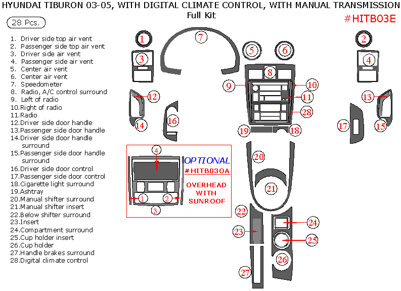 Hyundai Tiburon 2003, 2004, 2005, With Digital Climate Control, With Manual Transmission, Full Interior Kit, 28 Pcs. dash trim kits options