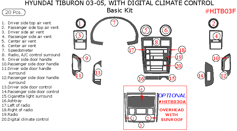 Hyundai Tiburon 2003, 2004, 2005, With Digital Climate Control, Basic Interior Kit, 20 Pcs. dash trim kits options