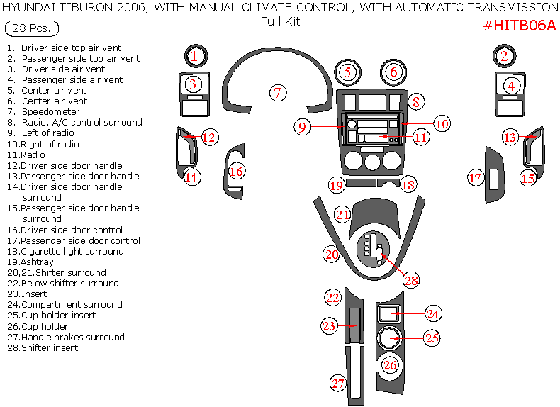 Hyundai Tiburon 2006, With Manual Climate Control, With Automatic Transmission, Full Interior Kit, 28 Pcs. dash trim kits options