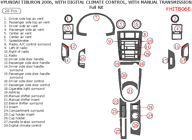 Hyundai Tiburon 2006, With Digital Climate Control, With Manual Transmission, Full Interior Kit, 28 Pcs. dash trim kits options