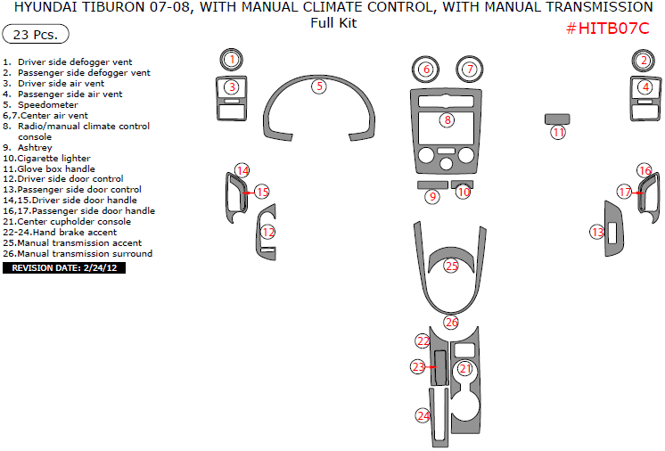 Hyundai Tiburon 2007-2008, With Manual Climate Control, With Manual Transmission, Full Interior Kit, 23 Pcs. dash trim kits options