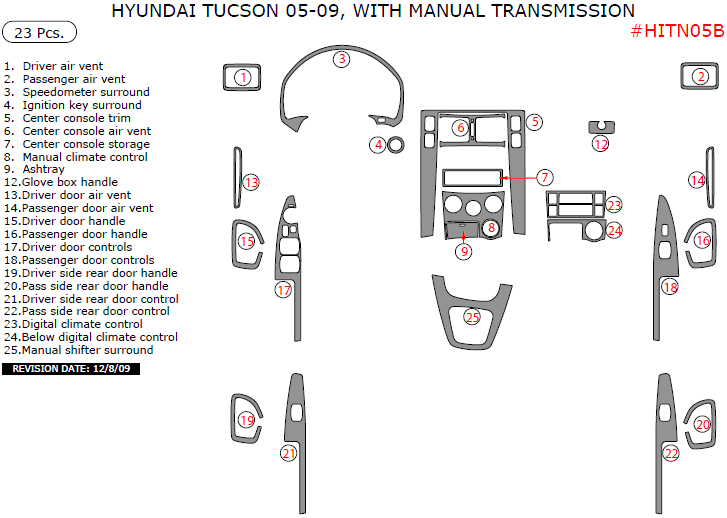 Hyundai Tucson 2005, 2006, 2007, 2008, 2009, Interior Dash Kit, With Manual Transmission, 23 Pcs. dash trim kits options