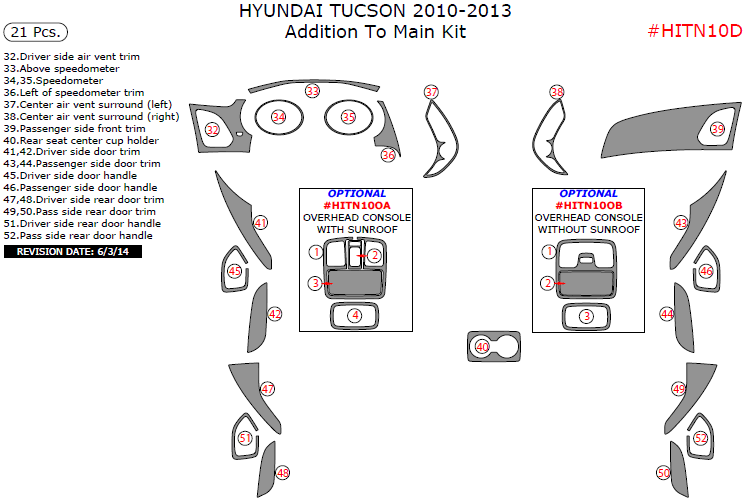 Hyundai Tucson 2010, 2011, 2012, 2013, Addition To Main Interior Kit, 21 Pcs. dash trim kits options