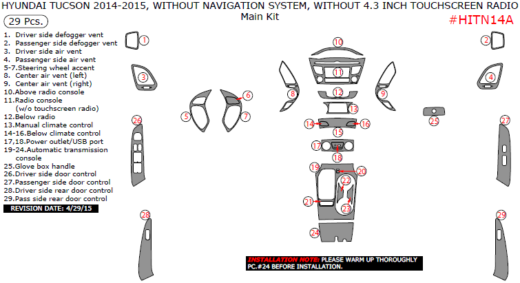 Hyundai Tucson 2014-2015, Without Navigation System, Without 4.3 Inch Touchscreen Radio, Main Interior Kit, 29 Pcs. dash trim kits options