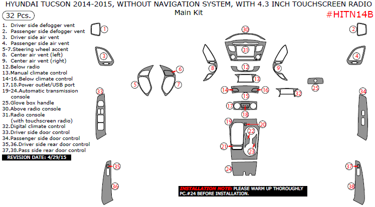 Hyundai Tucson 2014-2015, Without Navigation System, With 4.3 Inch Touchscreen Radio, Main Interior Kit, 32 Pcs. dash trim kits options