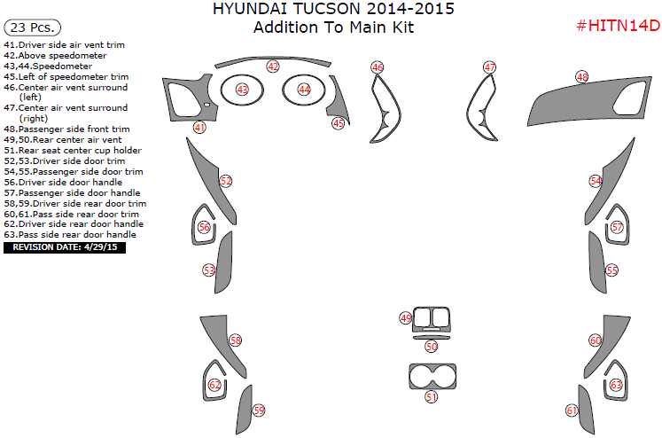 Hyundai Tucson 2014-2015, Addition To Main Interior Kit, 23 Pcs. dash trim kits options