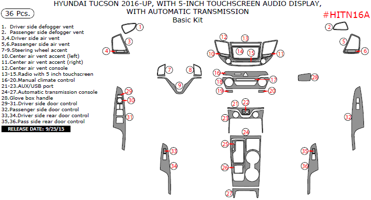 Hyundai Tucson 2016, 2017, With 5-Inch Touchscreen Audio Display, With Automatic Transmission, Basic Interior Kit, 36 Pcs. dash trim kits options