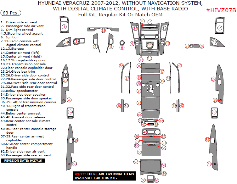 Hyundai Veracruz 2007, 2008, 2009, 2010, 2011, 2012, W/o Navigation System, With Digital Climate Control, With Base Radio, Full Interior Kit, 63 Pcs. dash trim kits options