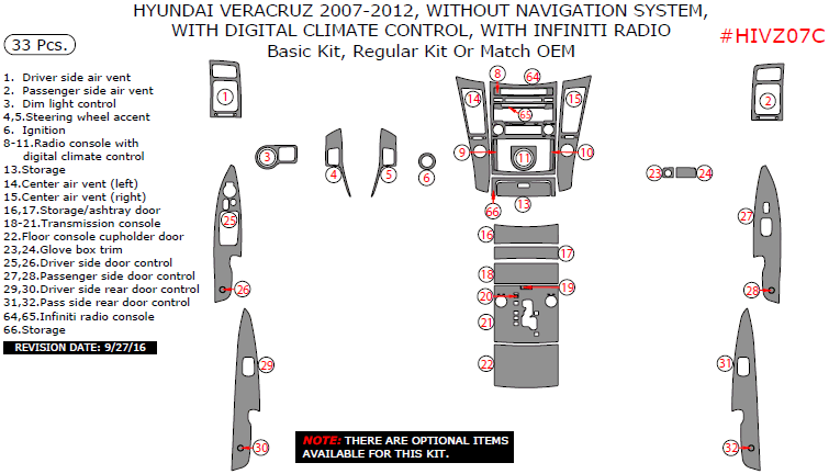 Hyundai Veracruz 2007, 2008, 2009, 2010, 2011, 2012, W/o Navigation System, With Digital Climate Control, With Infiniti Radio, Basic Interior Kit, 33 Pcs. dash trim kits options