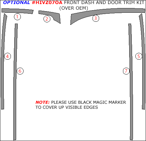 Hyundai Veracruz 2007, 2008, 2009, 2010, 2011, 2012, Optional Front Dash And Door Interior Trim Kit (Over OEM), 7 Pcs. dash trim kits options