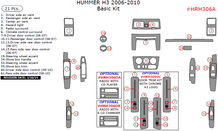 Hummer H3 2006, 2007, 2008, 2009, 2010, Basic Interior Kit, 21 Pcs. dash trim kits options
