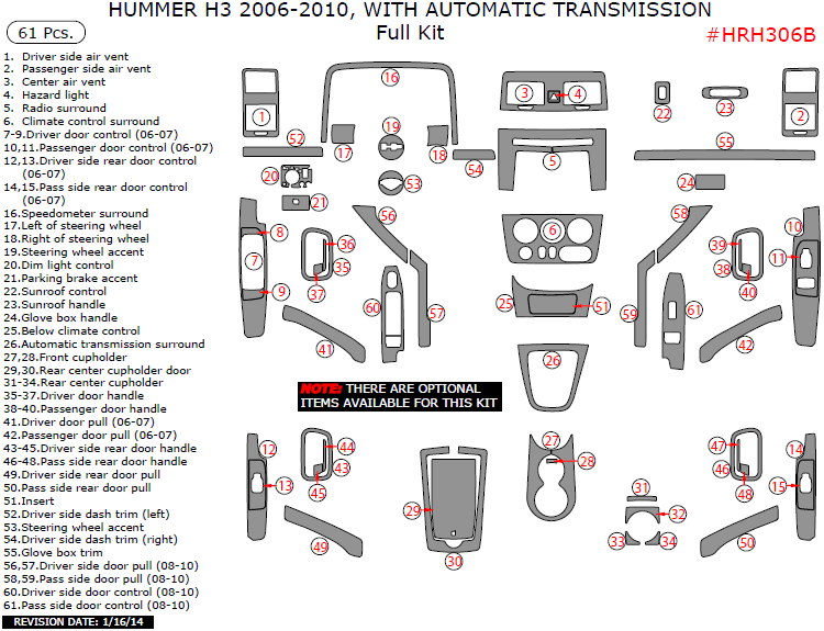 Hummer H3 2006, 2007, 2008, 2009, 2010, With Automatic Transmission, Full Interior Kit, 61 Pcs. dash trim kits options