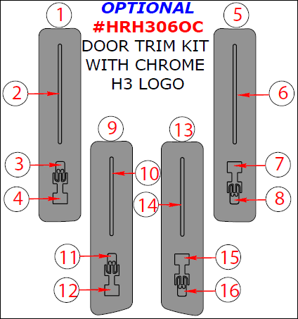 Hummer H3 2006, 2007, 2008, 2009, 2010, Optional Door Interior Trim Kit With Chrome H3 Logo, 16 Pcs. dash trim kits options