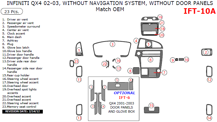 Infiniti QX4 2002-2003, Interior Dash Kit, Without Navigation System, Without Door Panels, 23 Pcs., Match OEM dash trim kits options