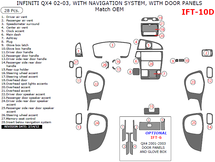 Infiniti QX4 2002-2003, Interior Dash Kit, With Navigation System, With Door Panels, 28 Pcs., Match OEM dash trim kits options