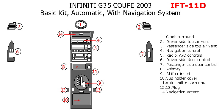 Infiniti G35 2003, Coupe, Basic Interior Kit, Automatic, With Navigation System, 14 Pcs. dash trim kits options