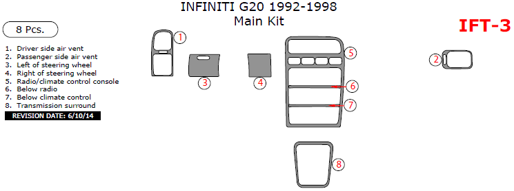 Infiniti G20 1992, 1993, 1994, 1995, 1996, 1997, 1998, Main Interior Kit, 8 Pcs. dash trim kits options
