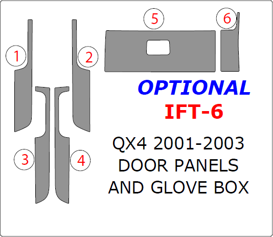 Infiniti QX4 2001, 2002, 2003, Interior Dash Kit, Optional Door Panels and Glove Box, 6 Pcs., Match OEM dash trim kits options