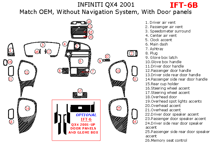 Infiniti QX4 2001, Interior Dash Kit, Without Navigation System, With Door Panels, 26 Pcs., Match OEM dash trim kits options